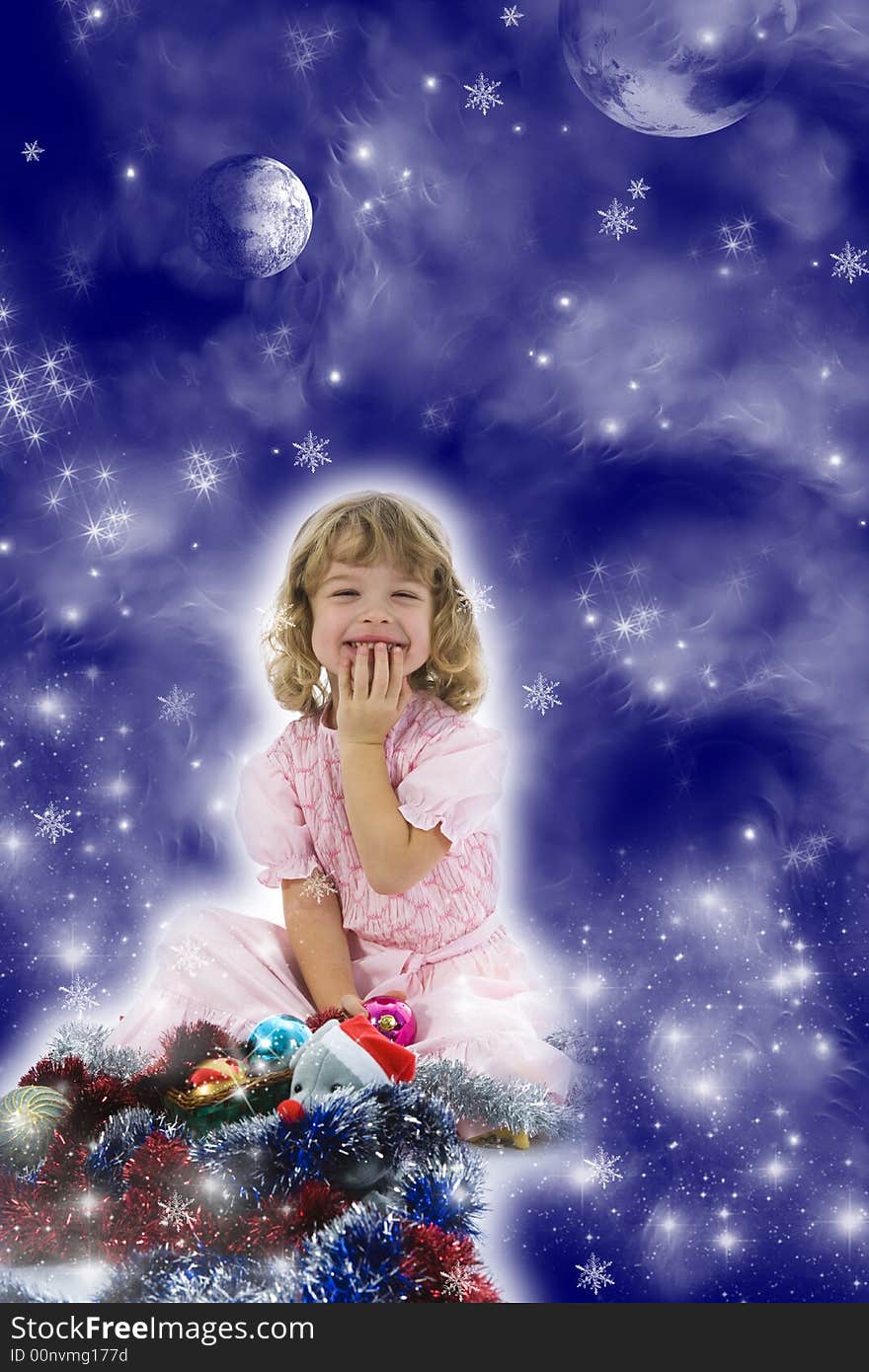 Beautiful little girl with christmas decoration on isolated background