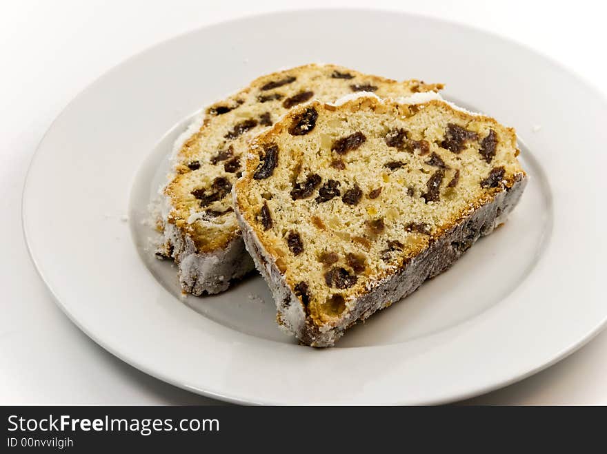 Christmas stollen cake on the plate