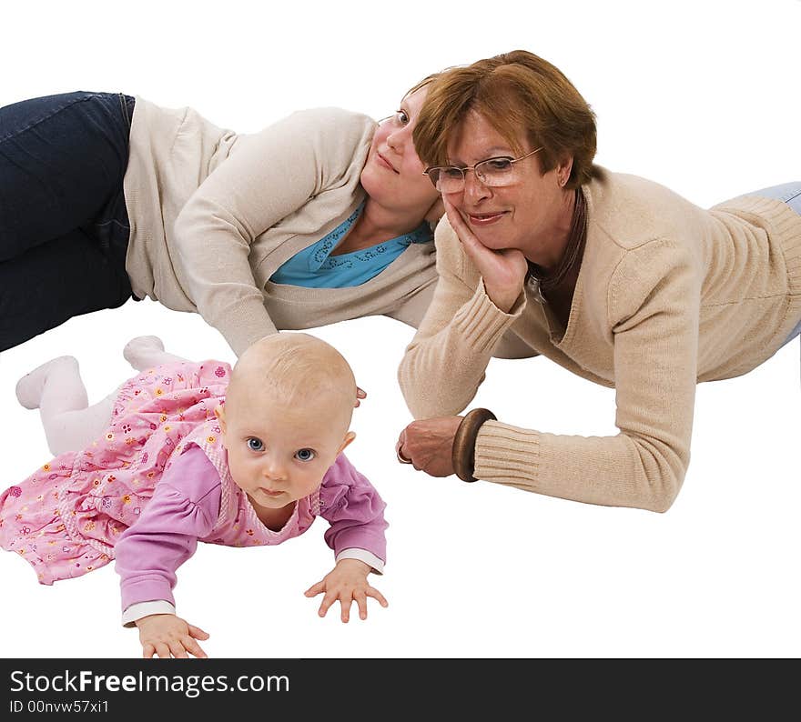 Three generation picture with a baby her mother and her great-grandma, laying on the bottom. Three generation picture with a baby her mother and her great-grandma, laying on the bottom