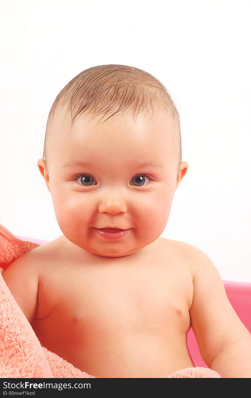 Sweet baby girl in tub on white background. Sweet baby girl in tub on white background