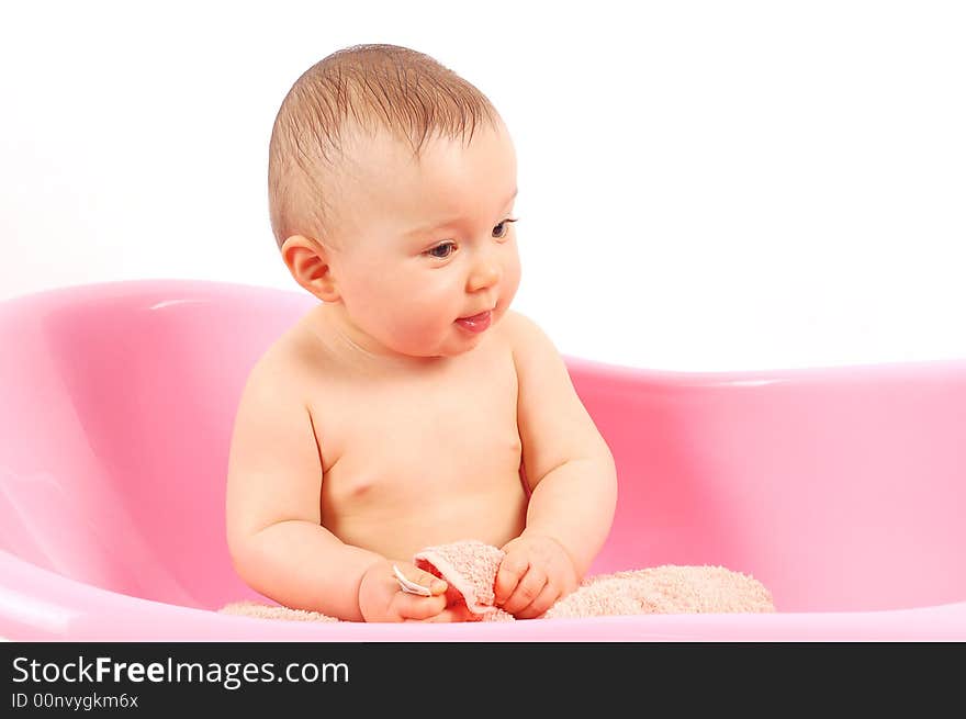 Sweet baby girl in tub on white background. Sweet baby girl in tub on white background