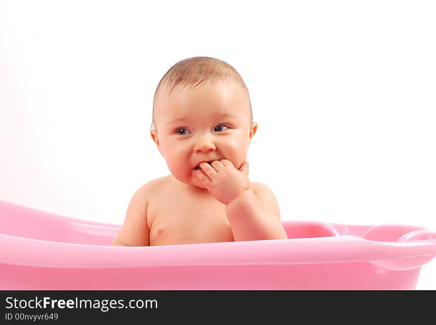 Sweet baby girl in tub on white background. Sweet baby girl in tub on white background