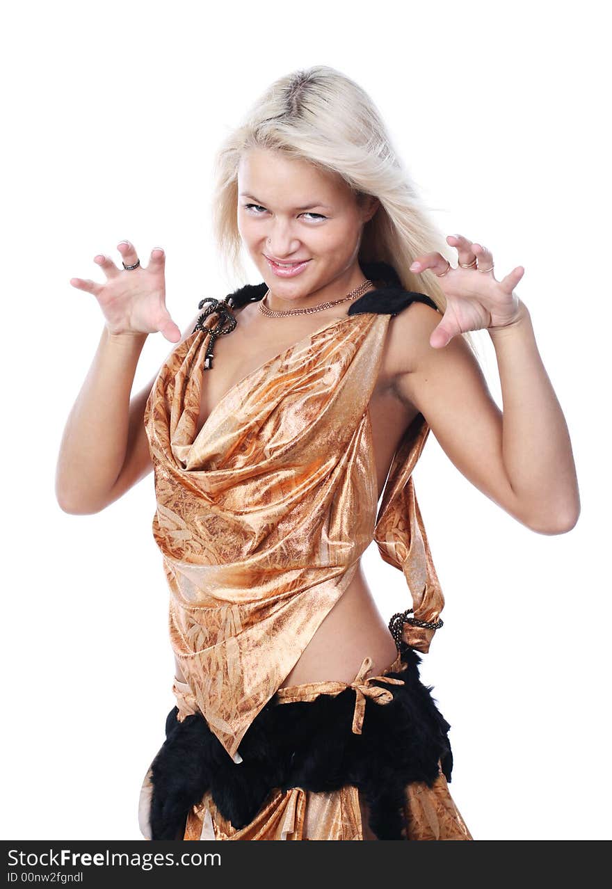 Blonde woman on a white background. in a dress