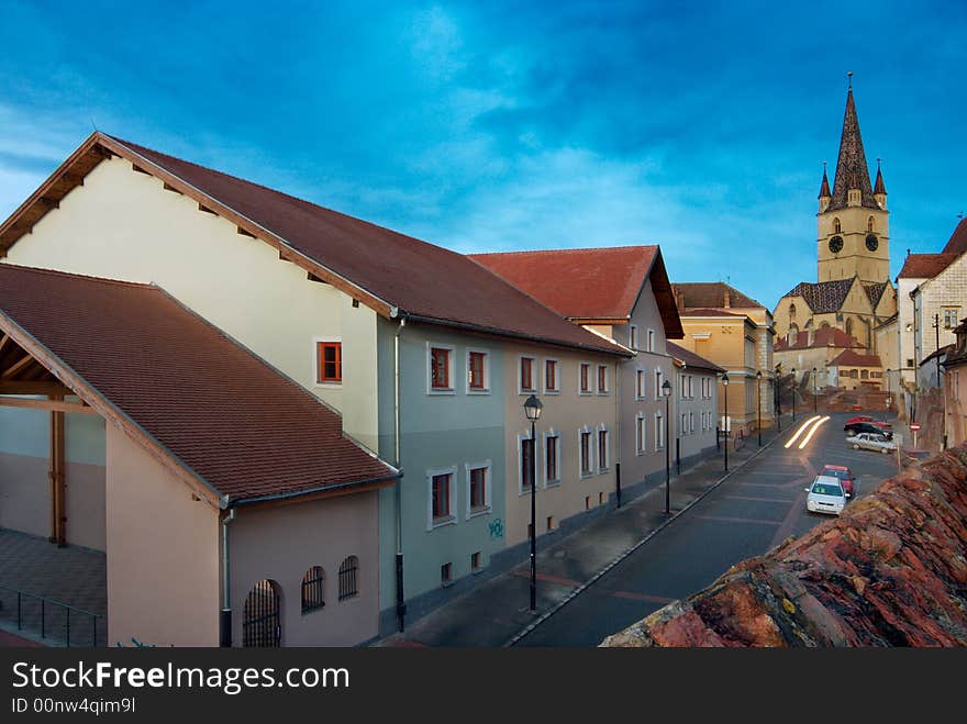 Wide angle shot of the Evangelic Church in Sibiu, (European Capital of Culture 2007) view from west, at sunset. Wide angle shot of the Evangelic Church in Sibiu, (European Capital of Culture 2007) view from west, at sunset