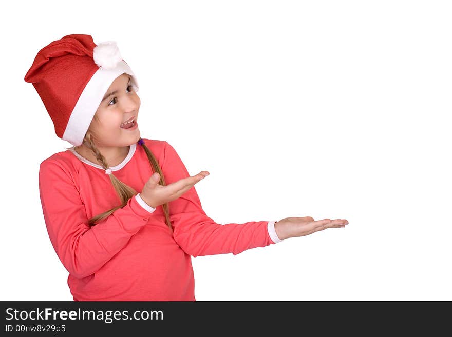 Cute Santa girl showing empty space, white isolated. Cute Santa girl showing empty space, white isolated