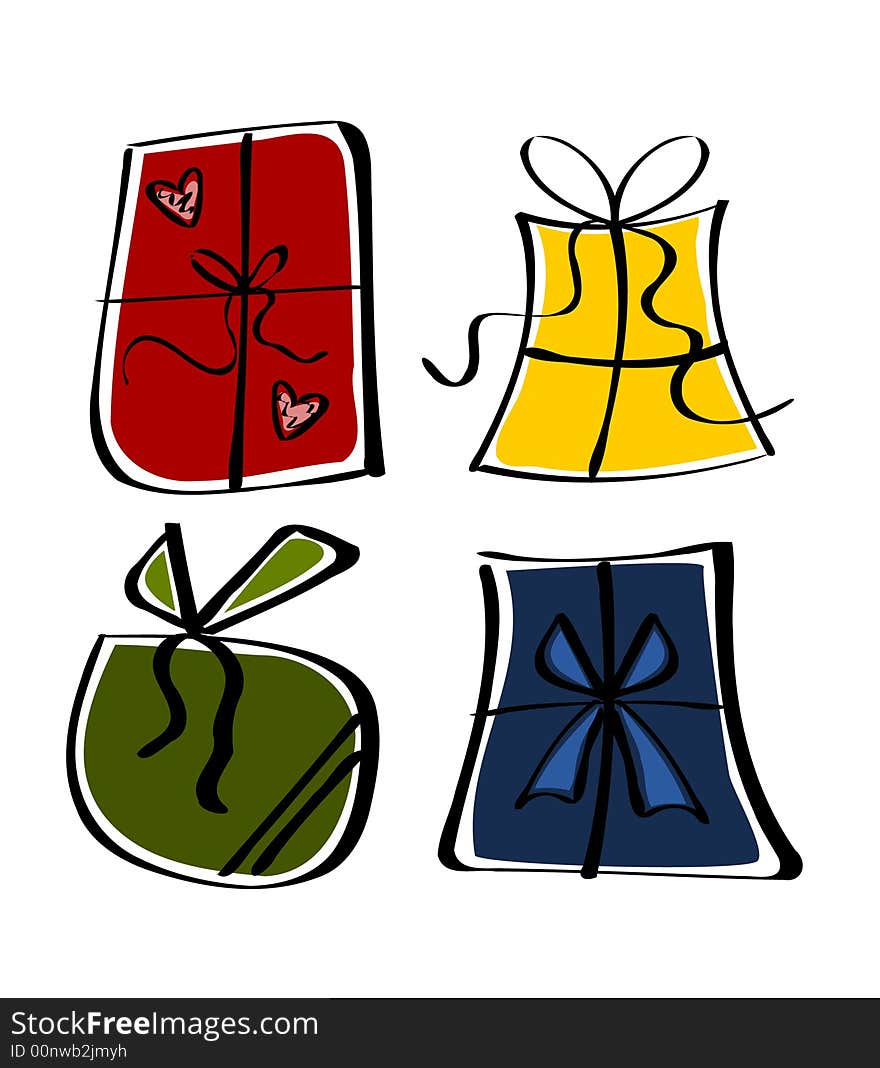 Four colorful gift packages in doodle-style, hand-drawn. Four colorful gift packages in doodle-style, hand-drawn