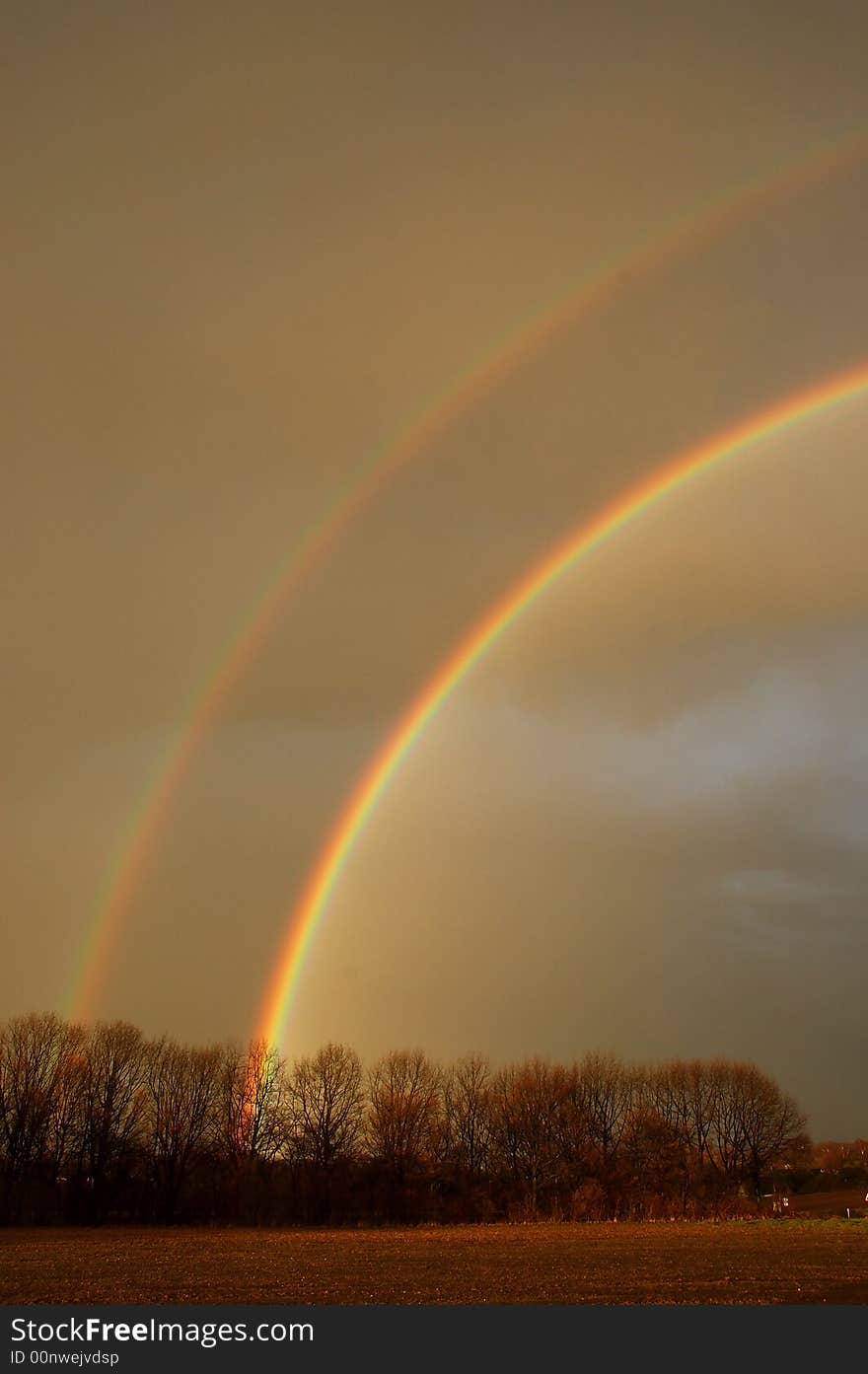 A doube rainbow in a field with trees. A doube rainbow in a field with trees