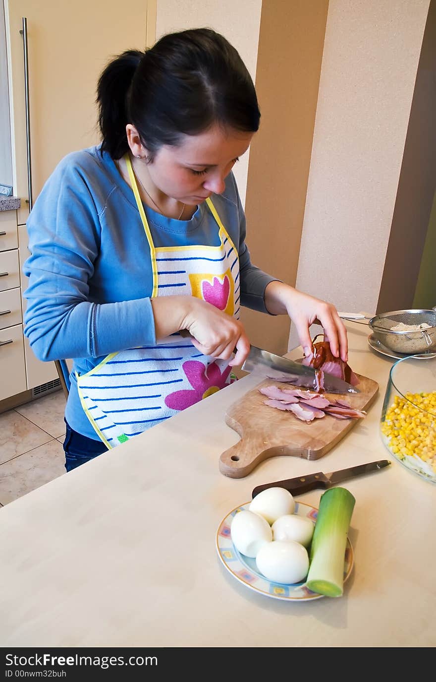 Ham peeling on kitchen desk for layer salad