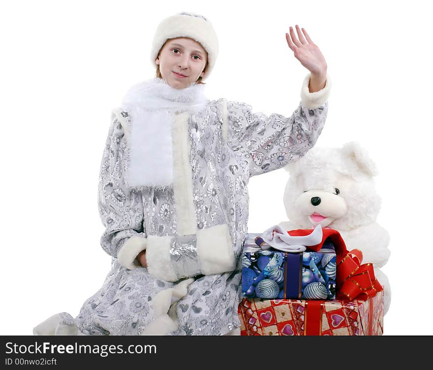 A celebratory card.
 The smiling girl in clothes of a Snow Maiden with gifts on a white background. Isolated. Studio. A celebratory card.
 The smiling girl in clothes of a Snow Maiden with gifts on a white background. Isolated. Studio.