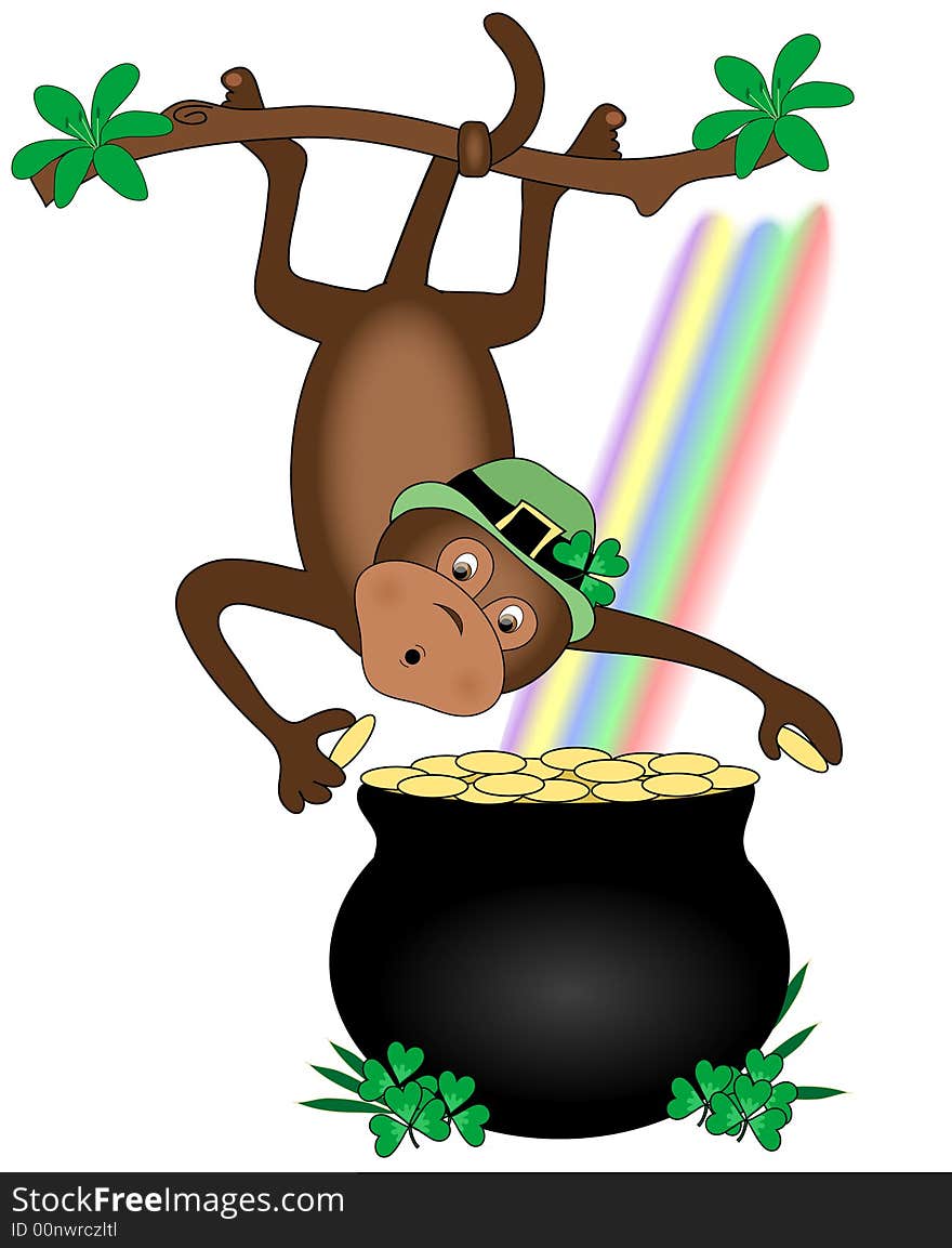 Monkey with pot of gold and rainbow. Monkey with pot of gold and rainbow.