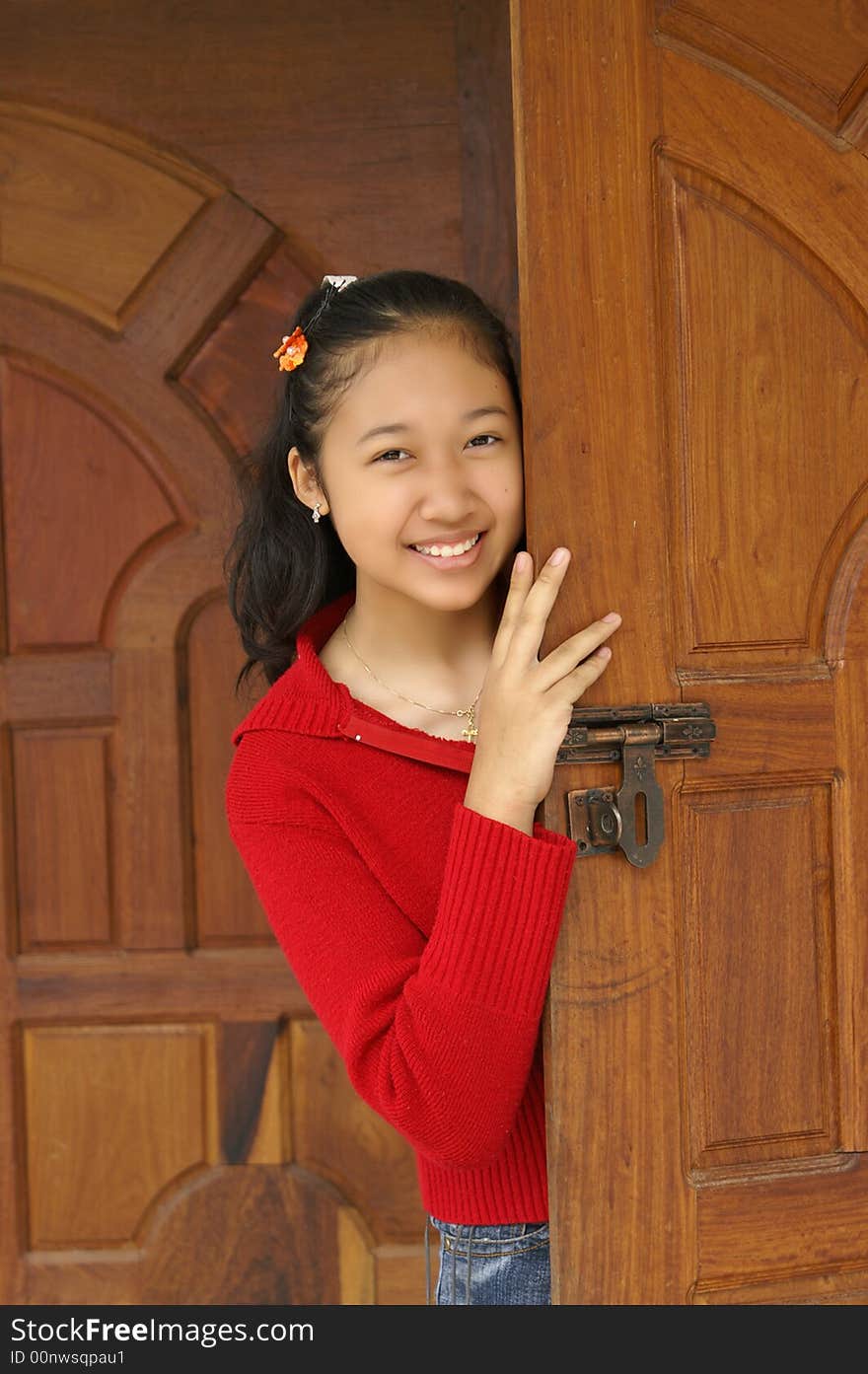 An beautiful girl in red smiling. An beautiful girl in red smiling