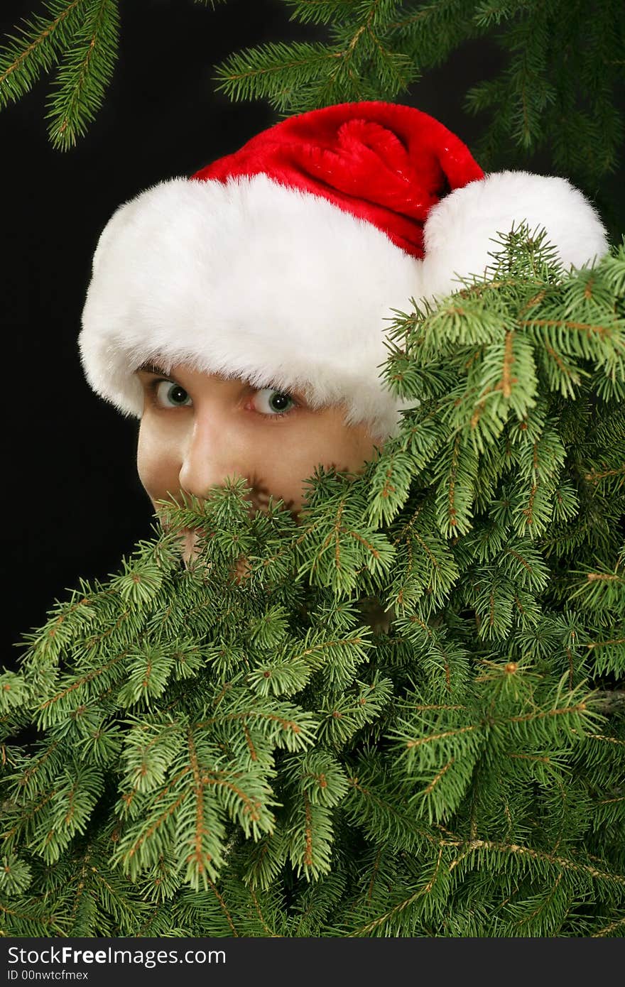 Christmas girl in a Santa hat peeking from behind fir tree branches. Christmas girl in a Santa hat peeking from behind fir tree branches