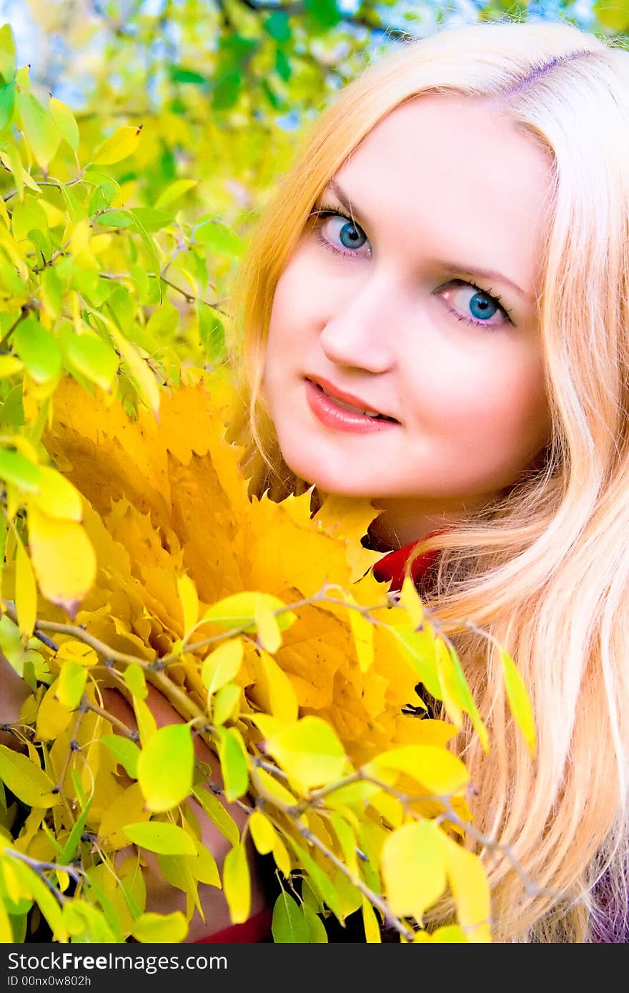 autumn girl holding yellow leaves