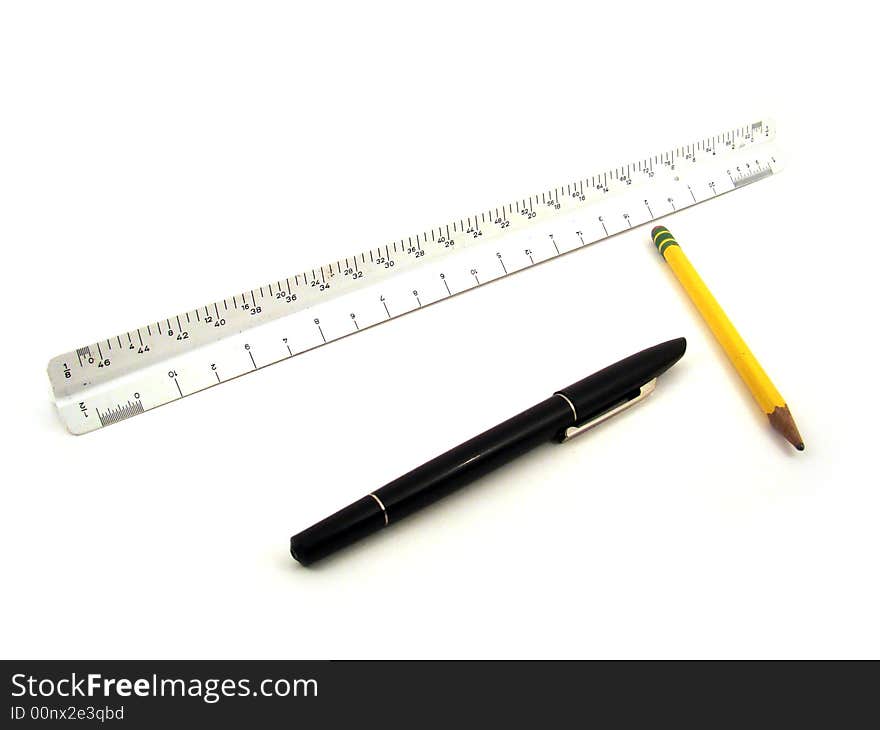 White triangle ruler, pen and yellow pencil. White triangle ruler, pen and yellow pencil.