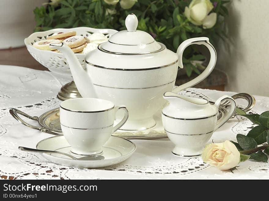 Tea set  with flower, Table complements. Tea set  with flower, Table complements