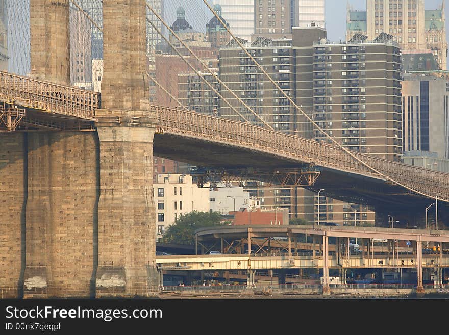 A flat view of lower Manhatten showing the brooklyn bridge, abundance of buildings & overpasses. A flat view of lower Manhatten showing the brooklyn bridge, abundance of buildings & overpasses