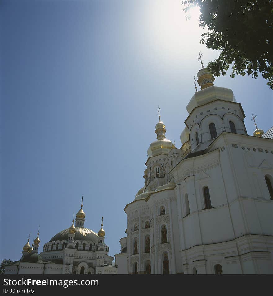 Mother of God Assumption Church on the right,The Refectory Church on the left, Pechersk Lavra monastery, Kiev, Ukraine. Mother of God Assumption Church on the right,The Refectory Church on the left, Pechersk Lavra monastery, Kiev, Ukraine