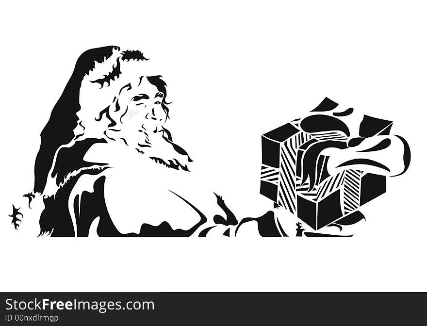 Happy Santa giving gift. Black and white vector illustration.