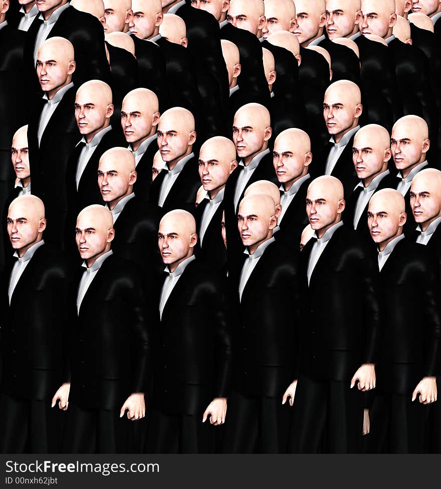 An conceptual image of a crowed of identical men. An conceptual image of a crowed of identical men.