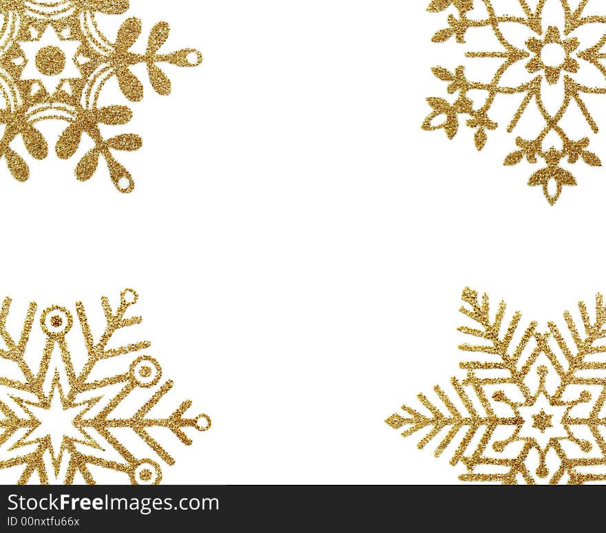 Winter border - gold snow stars on white background . Winter border - gold snow stars on white background