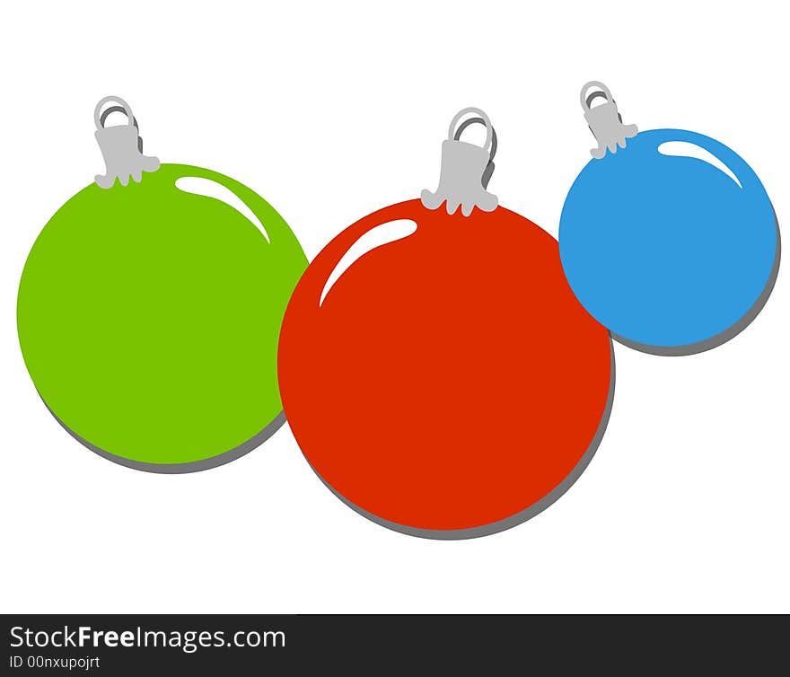 A simple clip art illustration of 3 colorful Christmas ornaments isolated on white with slight drop shadow. A simple clip art illustration of 3 colorful Christmas ornaments isolated on white with slight drop shadow