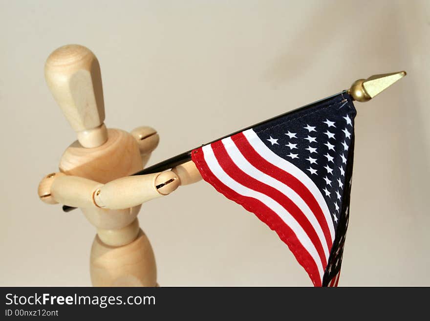 Wooden Model Holding USA Flag