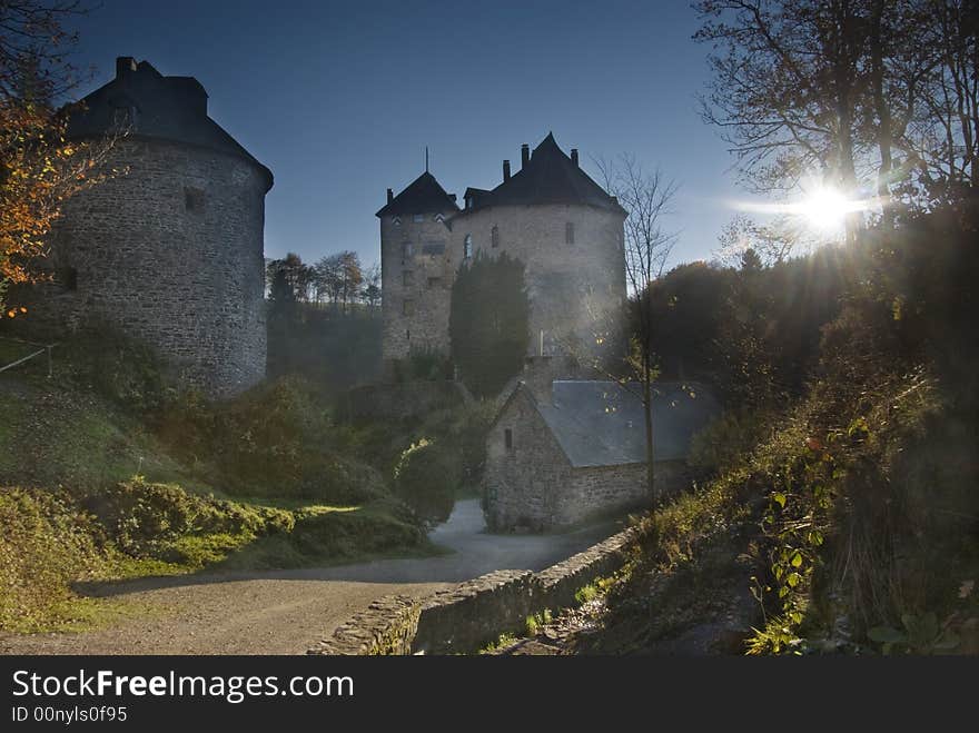 Sun behind Chateau Reinhardstein, Belgium.