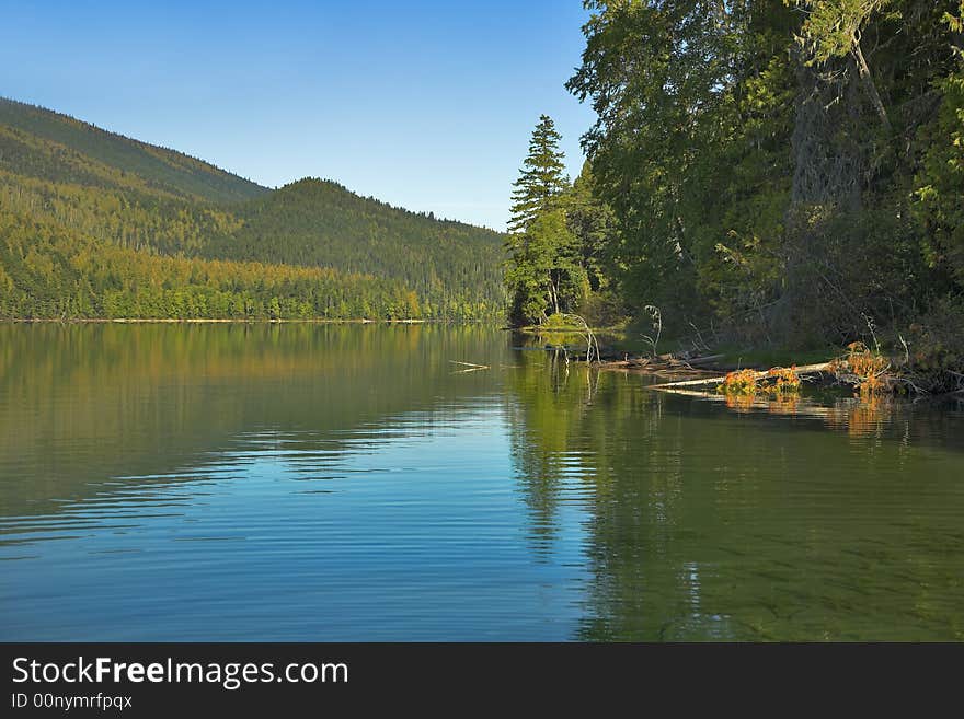 The lake surrounded by a dense fir forest. The lake surrounded by a dense fir forest