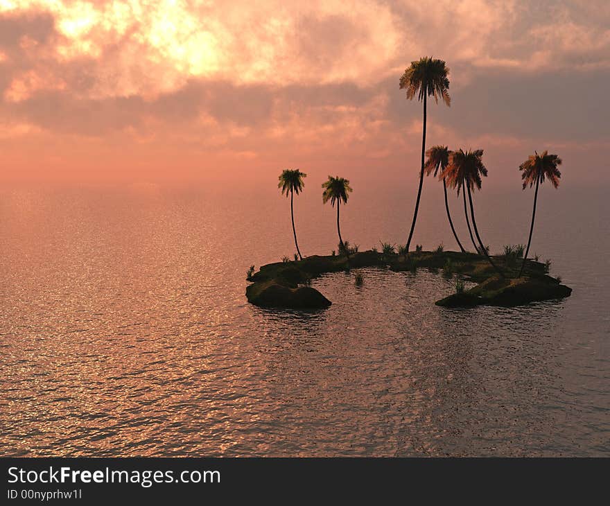 Sunset coconut palm trees on small island - 3d illustration.