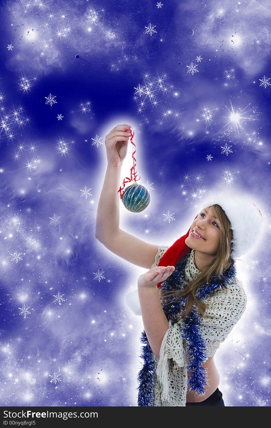 Beautiful little girl with christmas decoration  on background