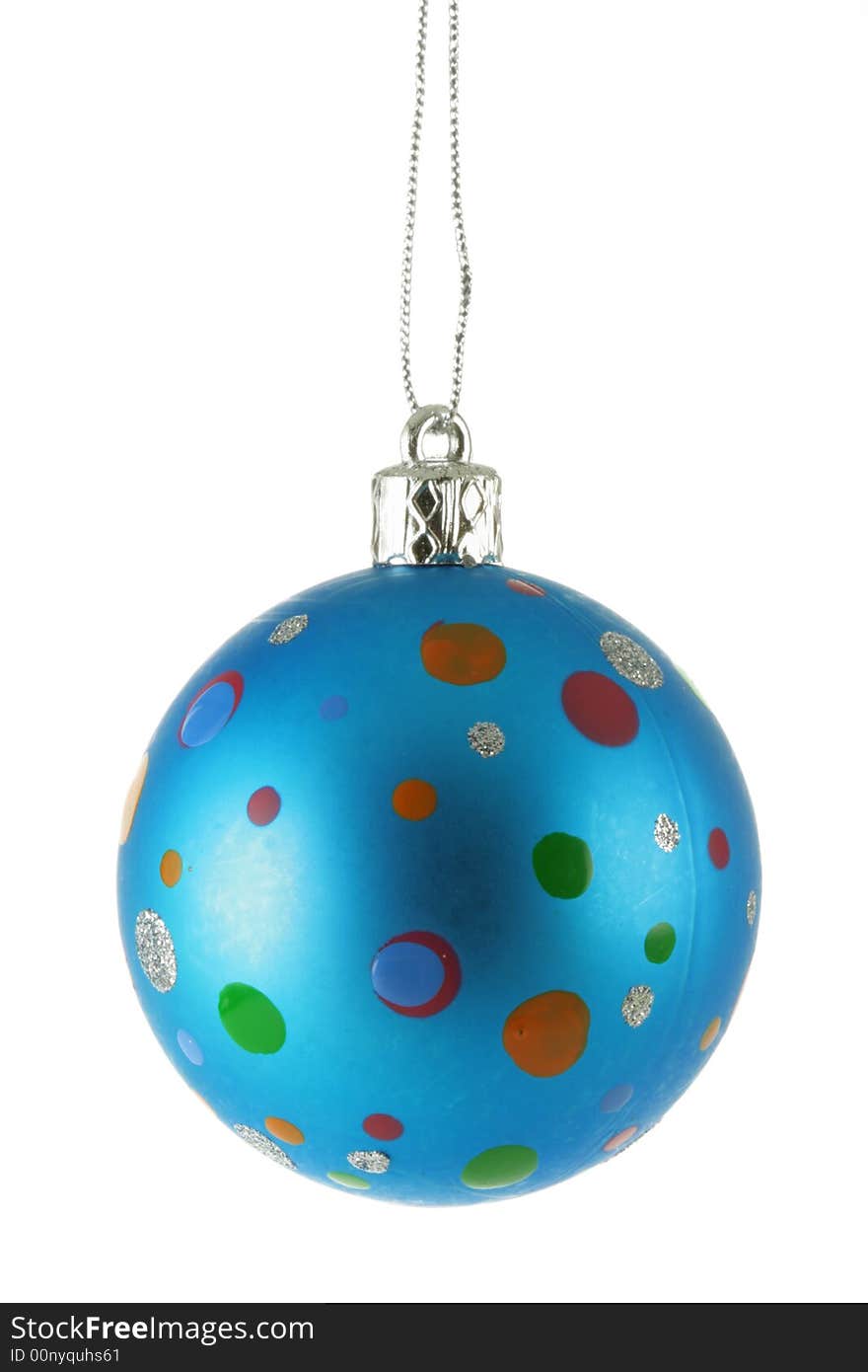 Blue Christmas ball with colorful spots isolated over white background