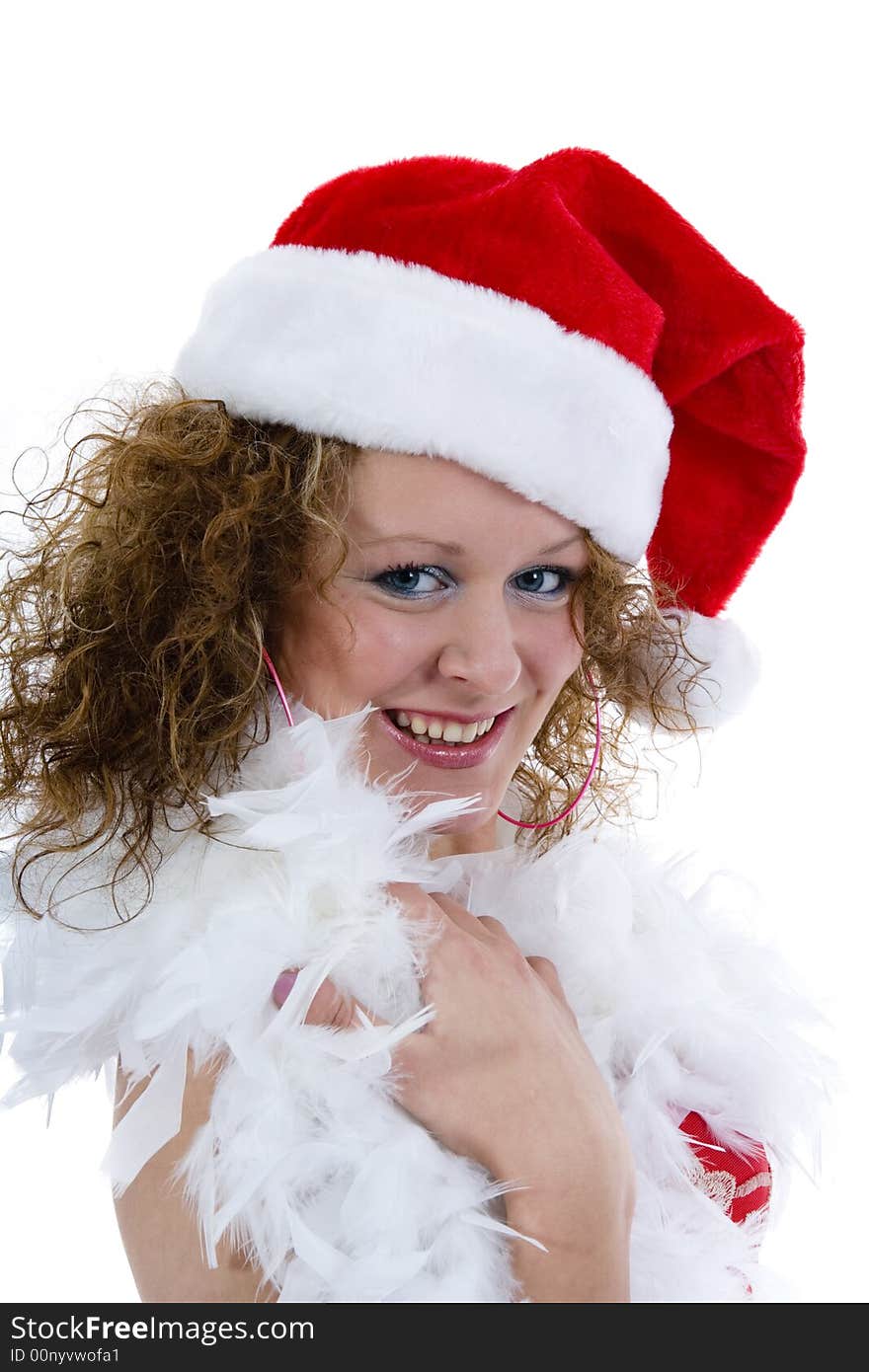 Attractive woman in Santa Cap on isolated background