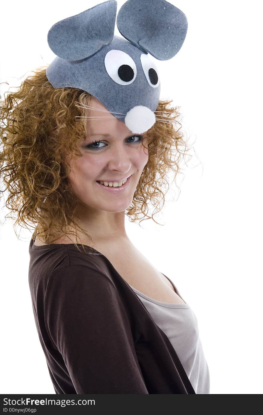 Attractive woman in mouse cap on isolated background