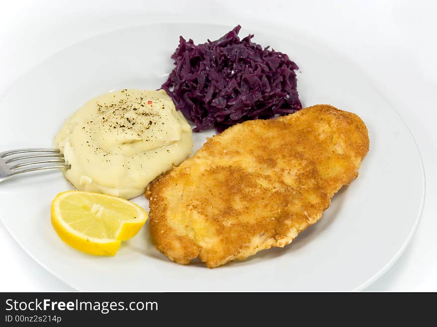 Viennese steak,puree with red cabbage.