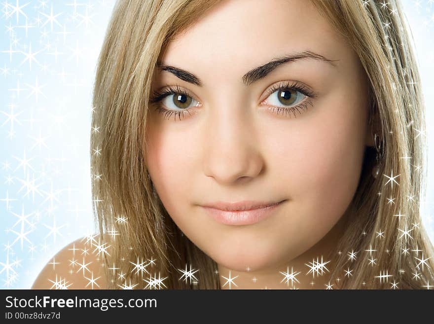 Close-up young woman portrait beauty face over white background