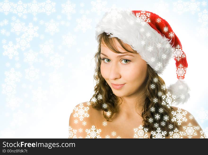 Girl in red cap with snowflake