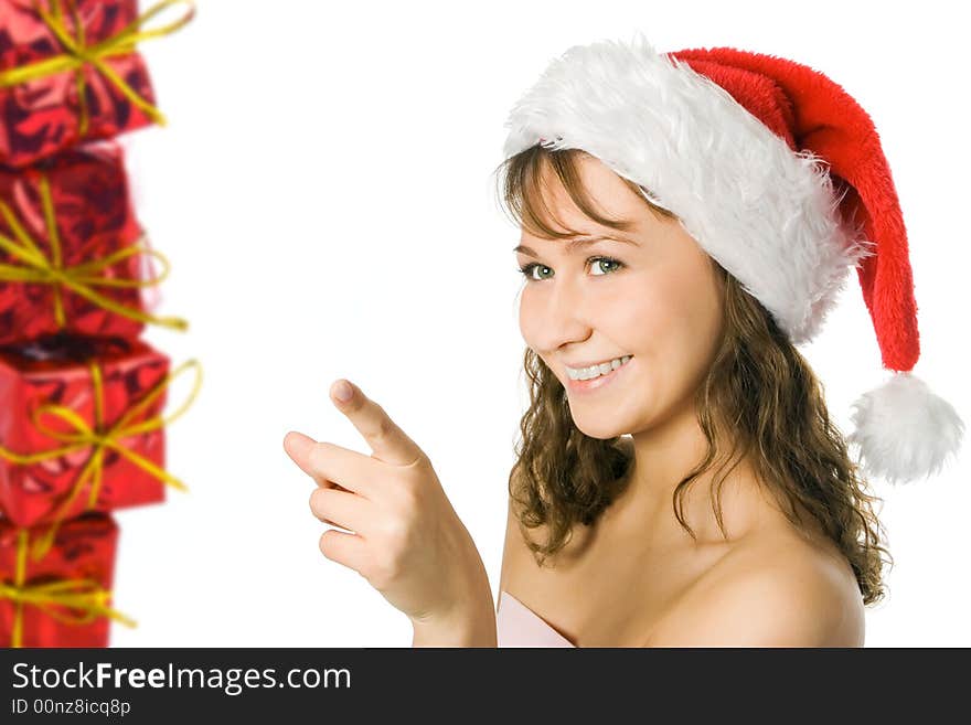 Woman in red cap and gift box isolated over white background