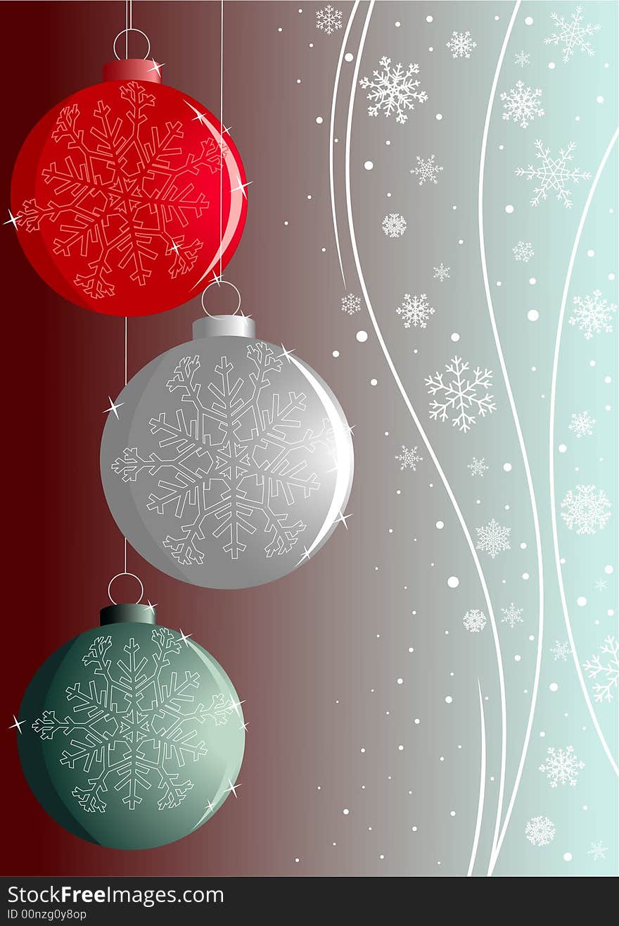 Background with three New-Year red, green and silver balls and white snowflakes. Additional vector format in EPS. Background with three New-Year red, green and silver balls and white snowflakes. Additional vector format in EPS.