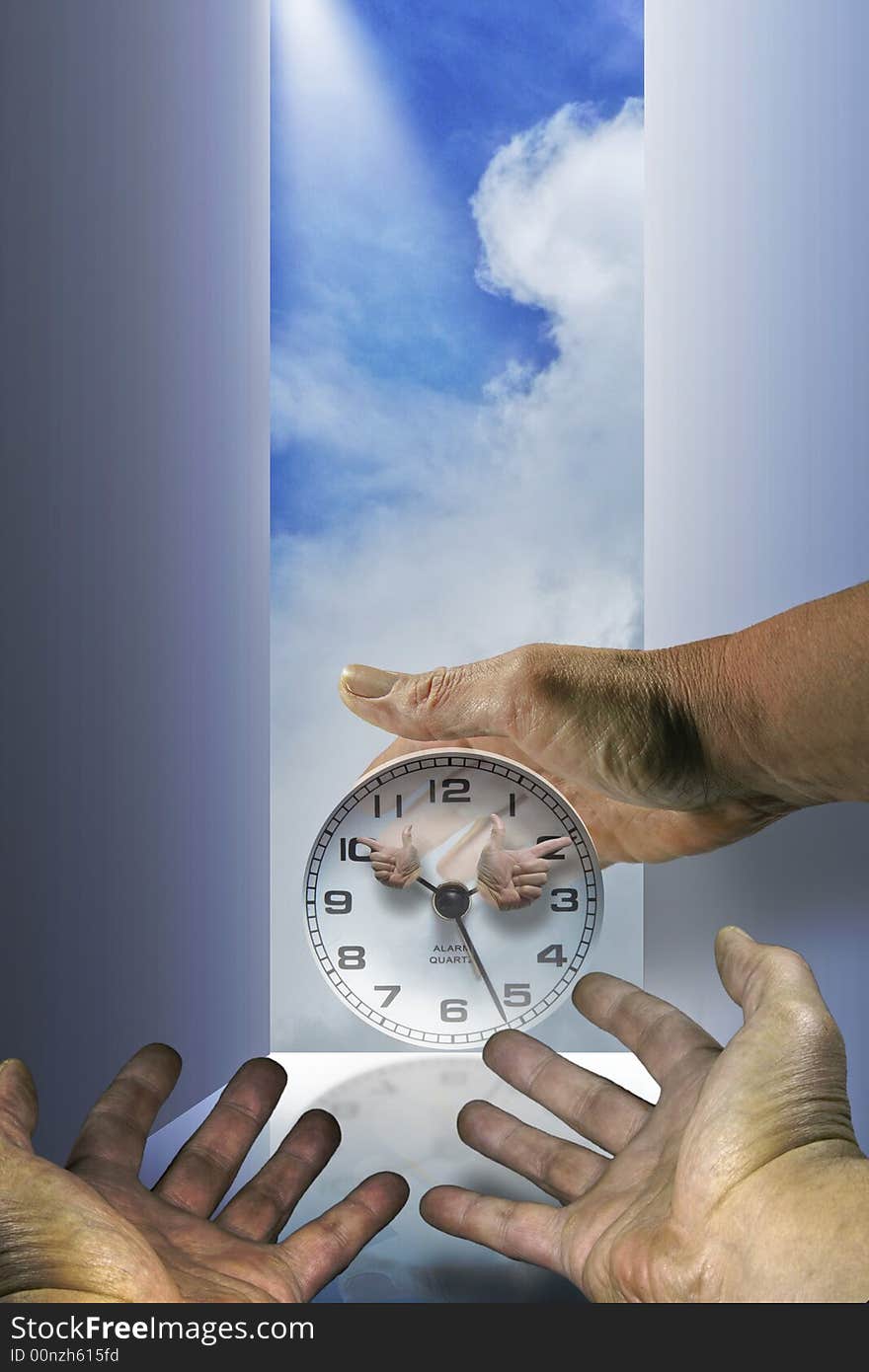 Open wall or door with clouds, hand, clock and sky. Open wall or door with clouds, hand, clock and sky