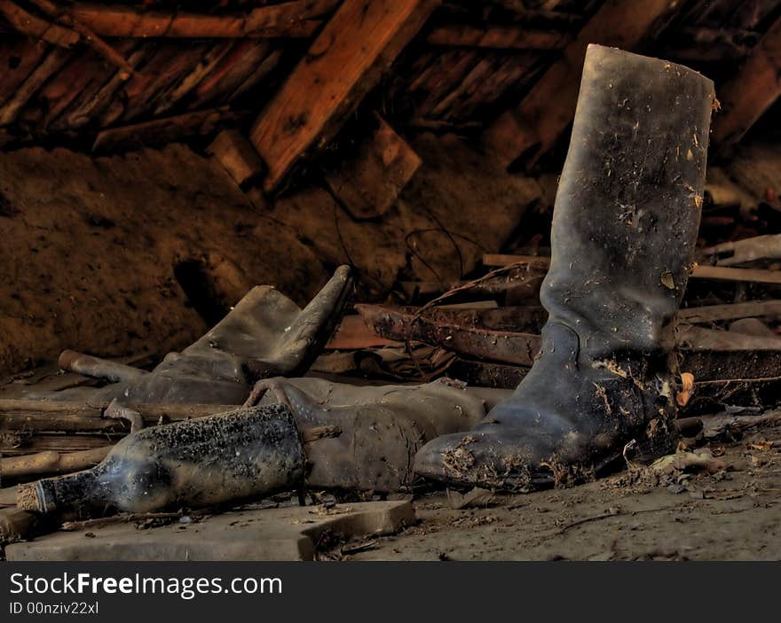 Boots on an old attic.