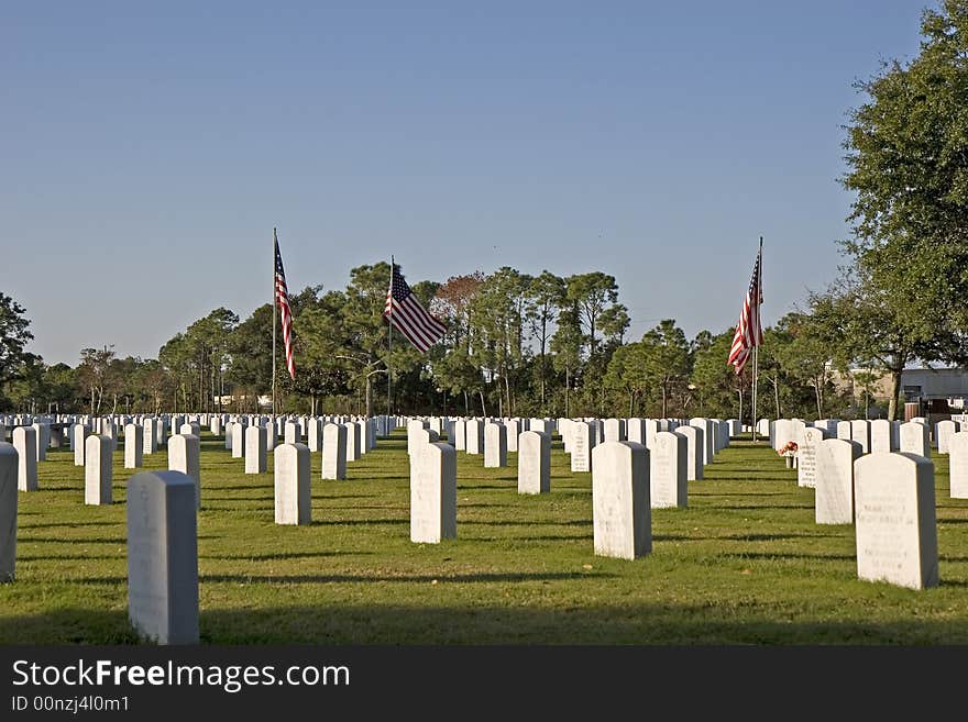 An American Military Cemetery with rows of headstones and flags