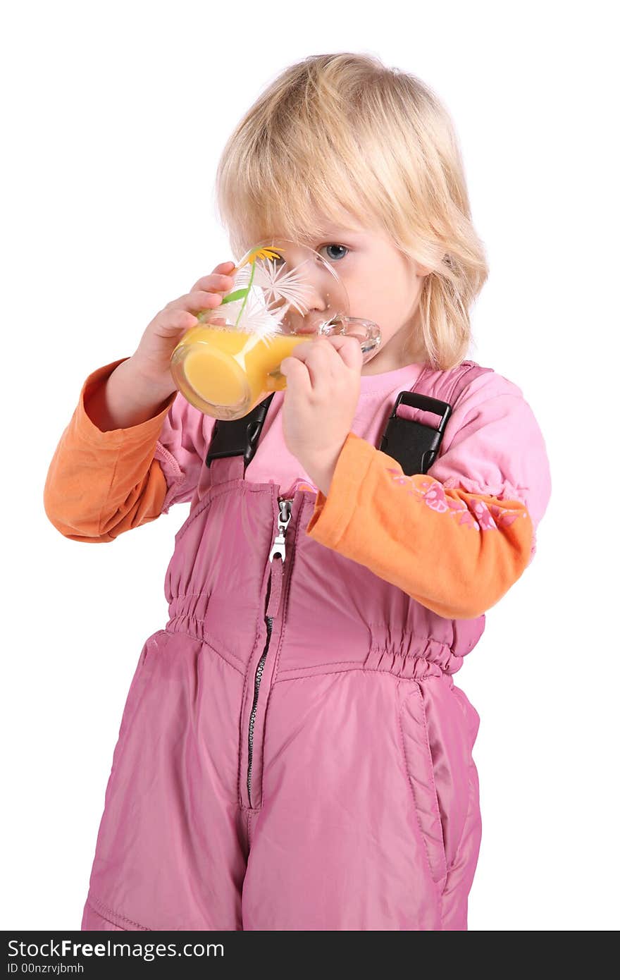 Girl drinks juice on white