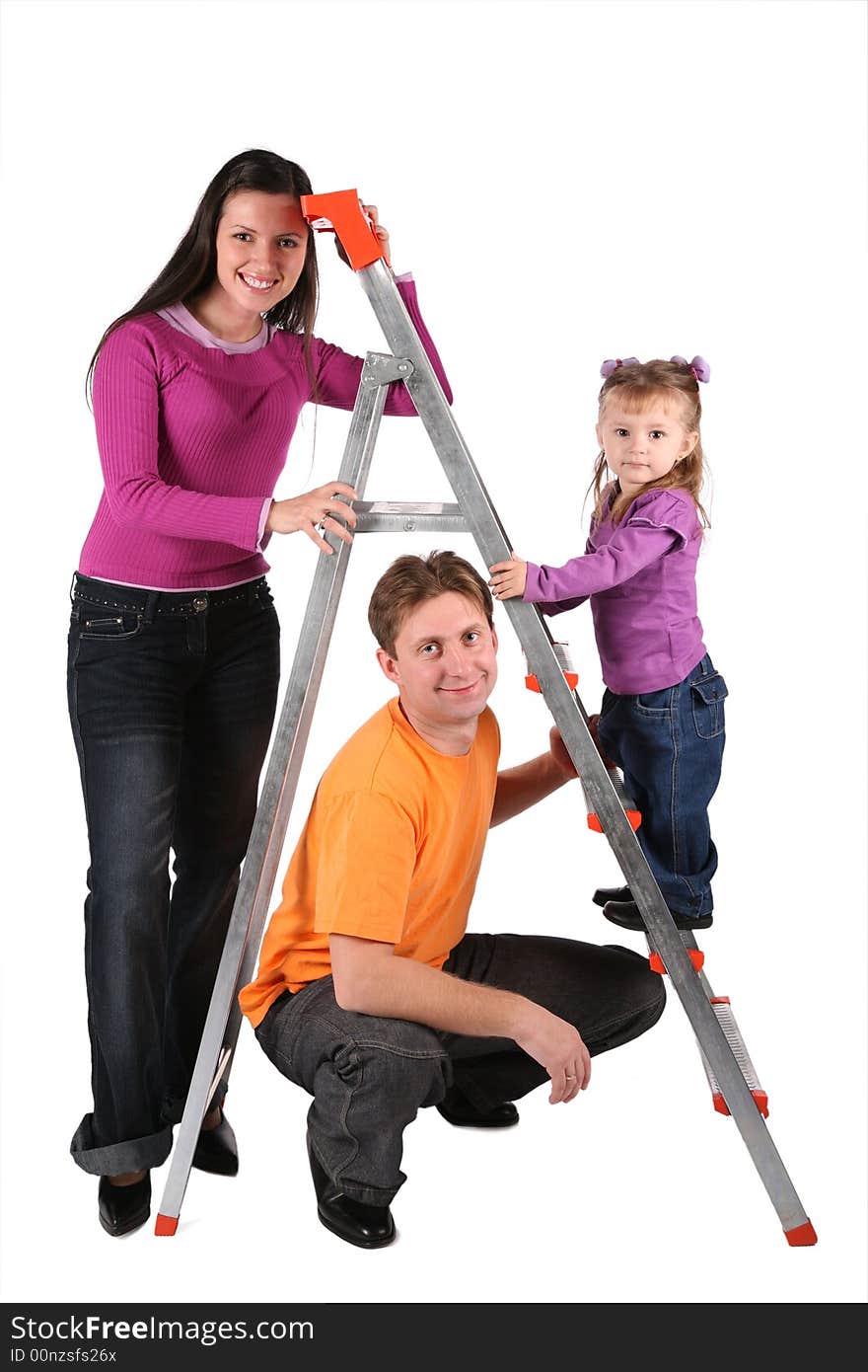 Family with foldable ladder isolated on white