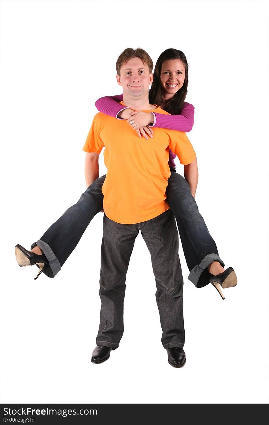 Woman embracing man, man hold woman isolated on white