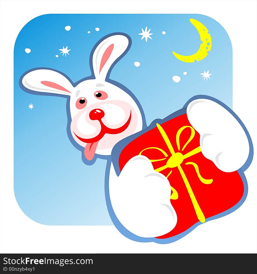 The cheerful rabbit with a gift in paws on a background of the star sky. The cheerful rabbit with a gift in paws on a background of the star sky.