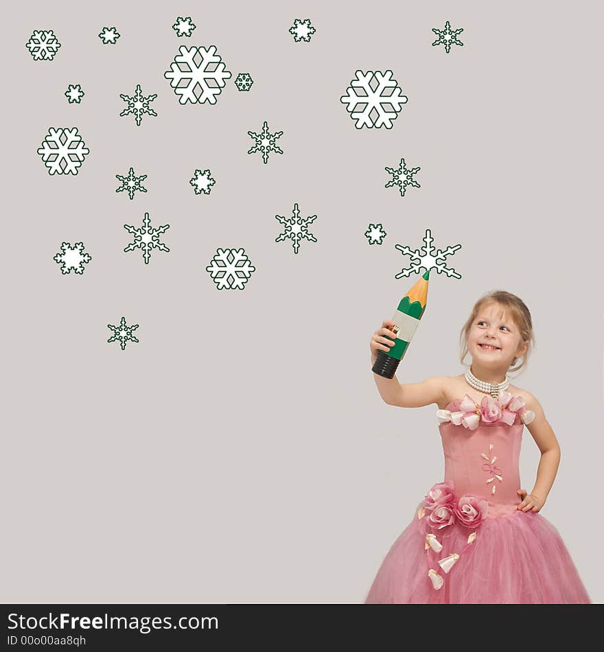 A girl in a pink dress drawing snow-flakes. A girl in a pink dress drawing snow-flakes