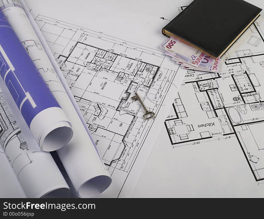 Engineer's work table with blueprints. Engineer's work table with blueprints