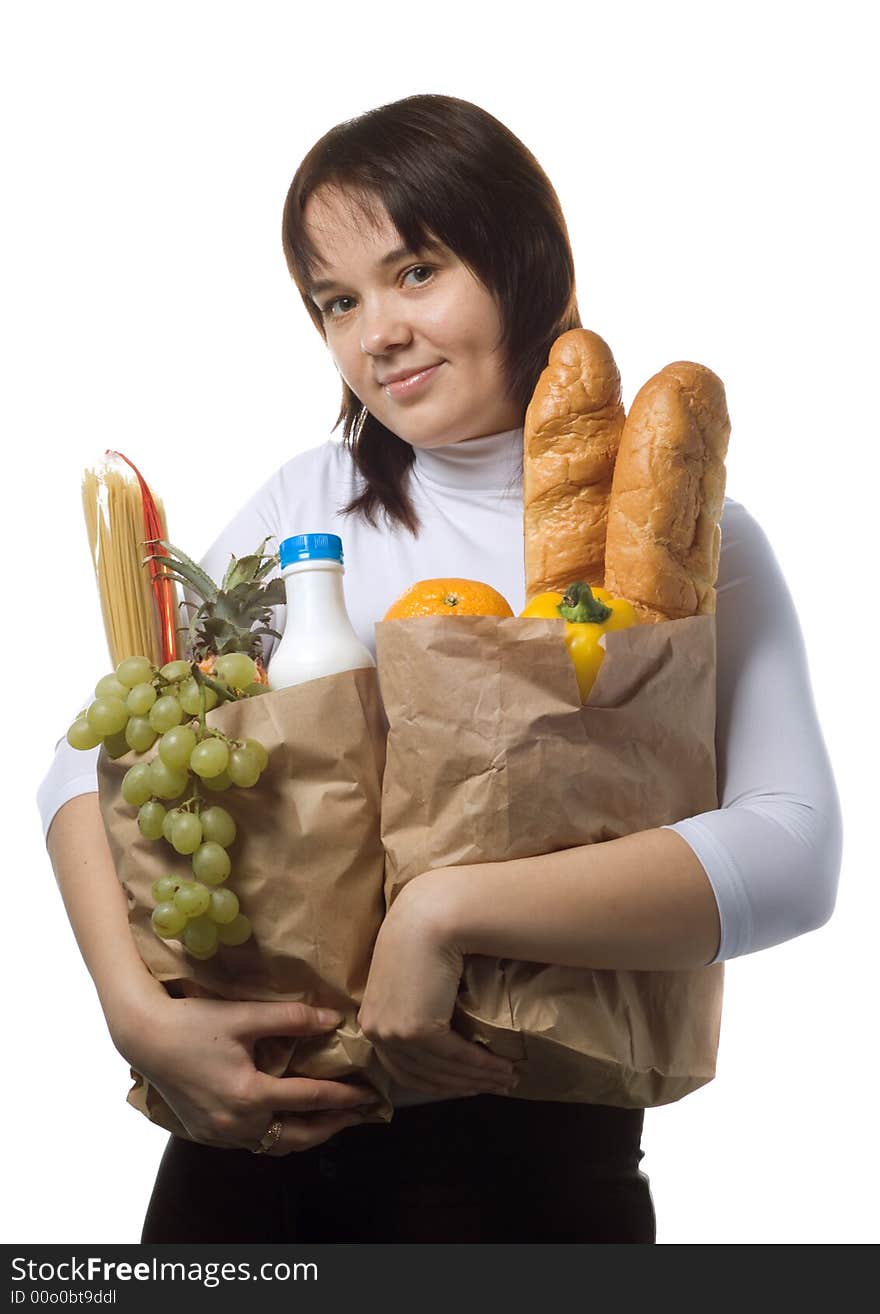 Pretty girl with package of  purchases, isolated. Pretty girl with package of  purchases, isolated