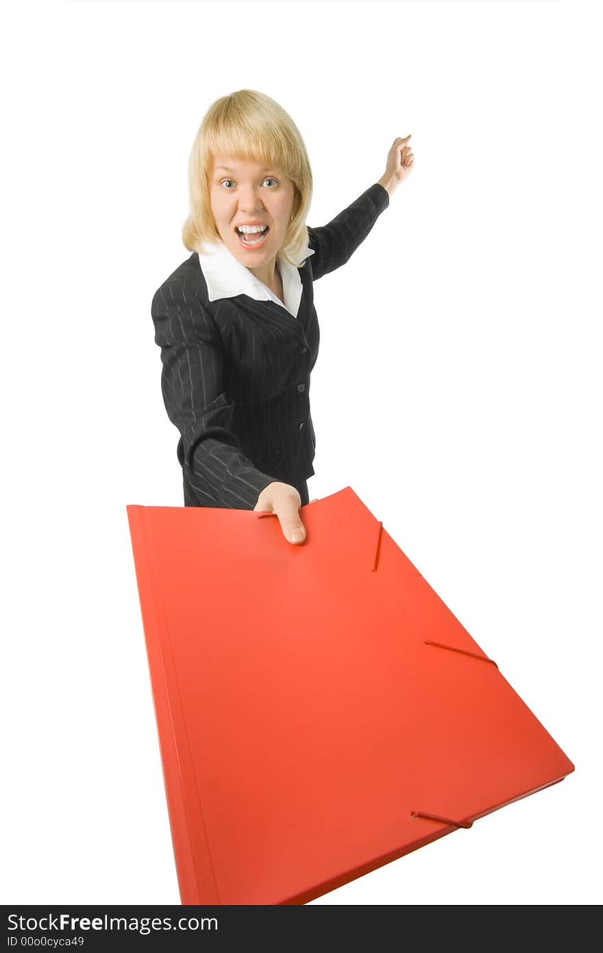 Fury business woman with red folder over white background