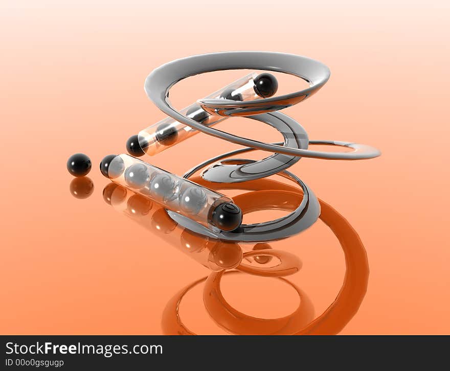 Two transparent tubes with black stone spheres and a spiral. Two transparent tubes with black stone spheres and a spiral